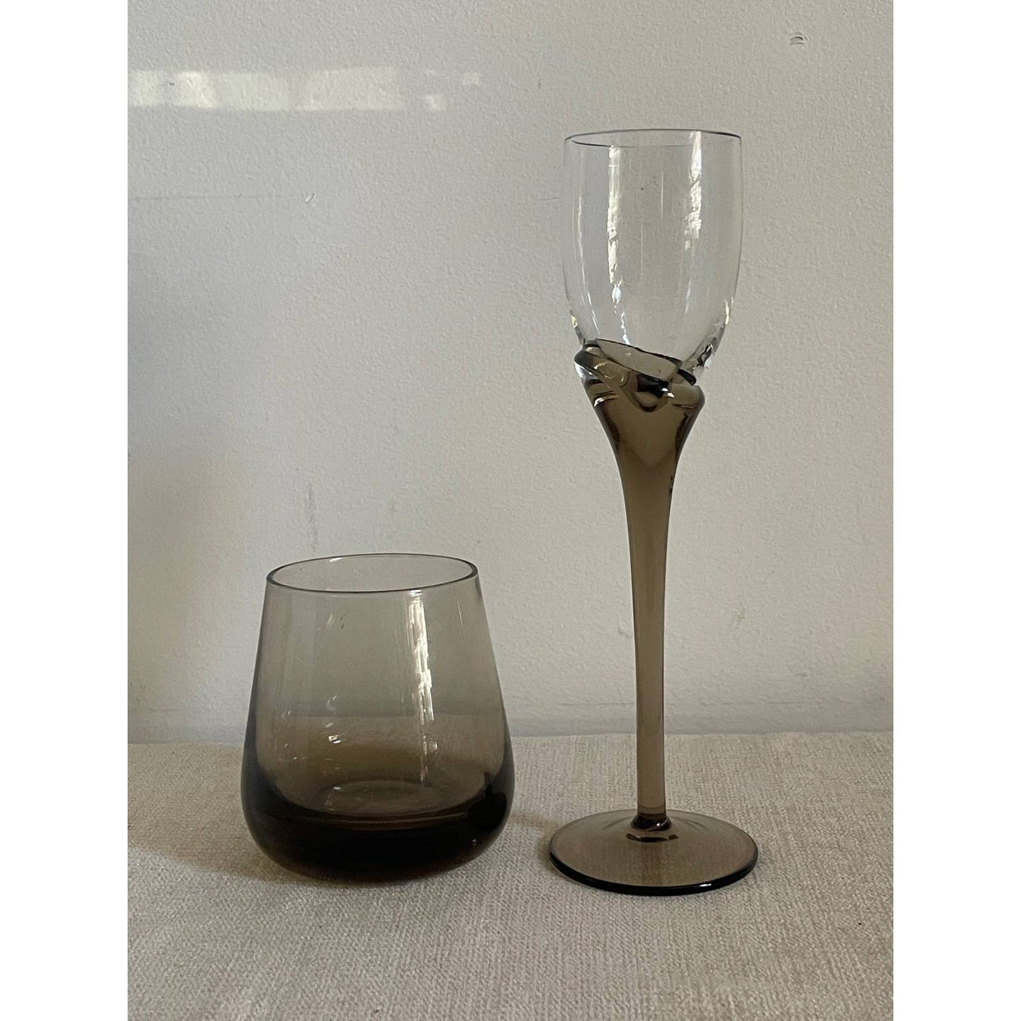 Pair of Mix Matched Smokey Brown Glass blown Occasion Glasses