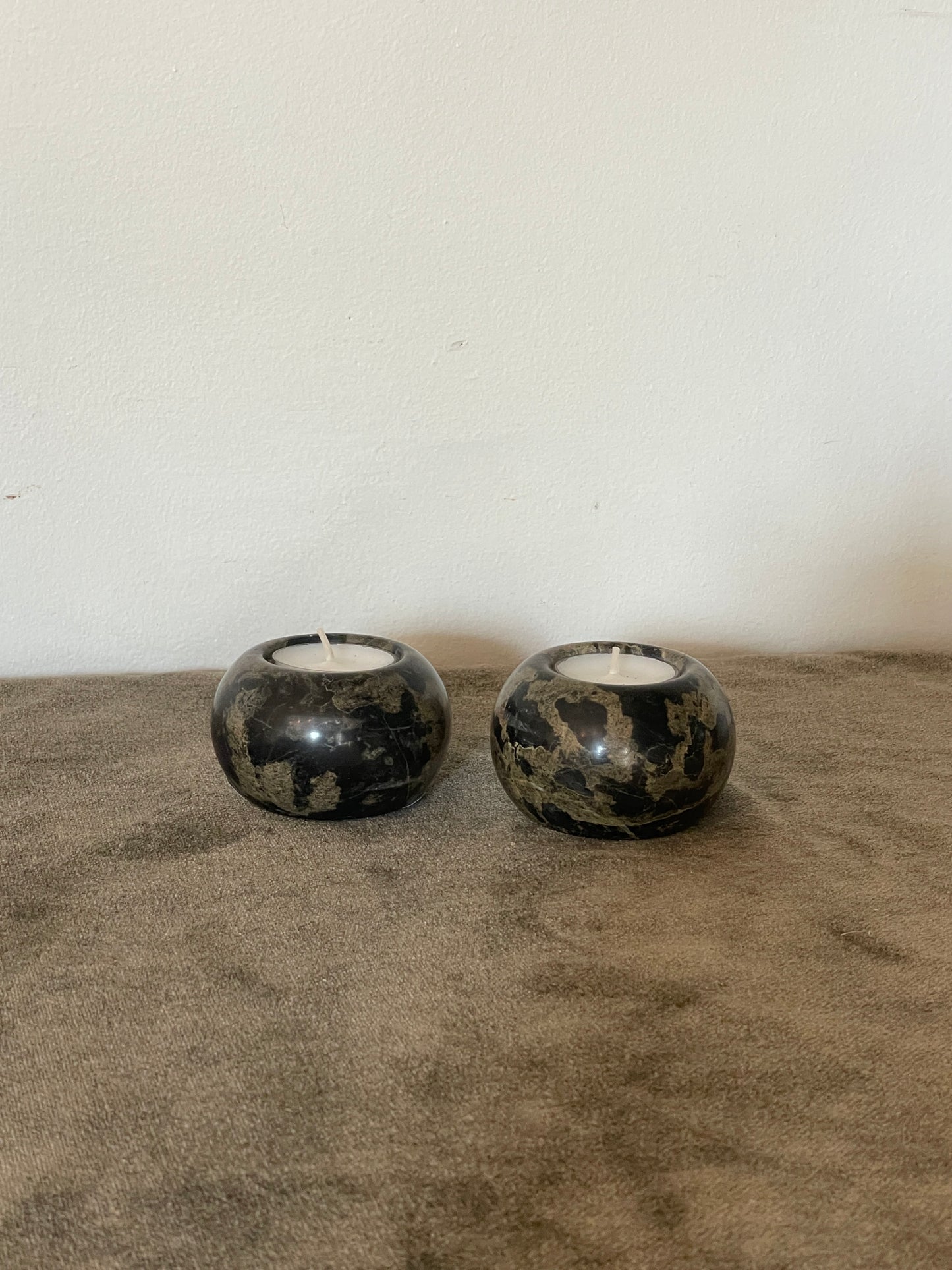 Pair of Black and Taupe Veined Marble Tea Light Candle Holders