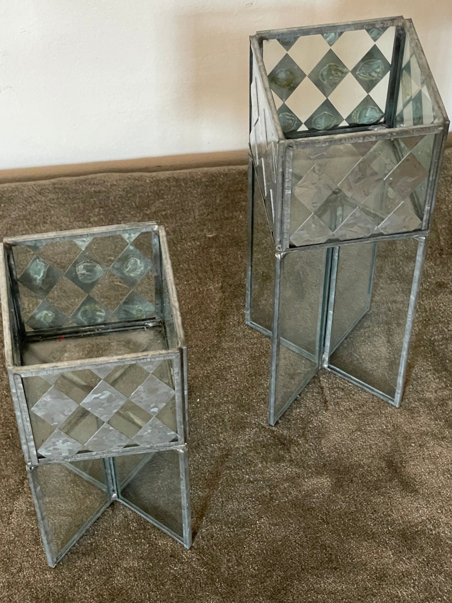 Handcrafted Diamond Metal and Glass Cubed Podiums - Sold as pair