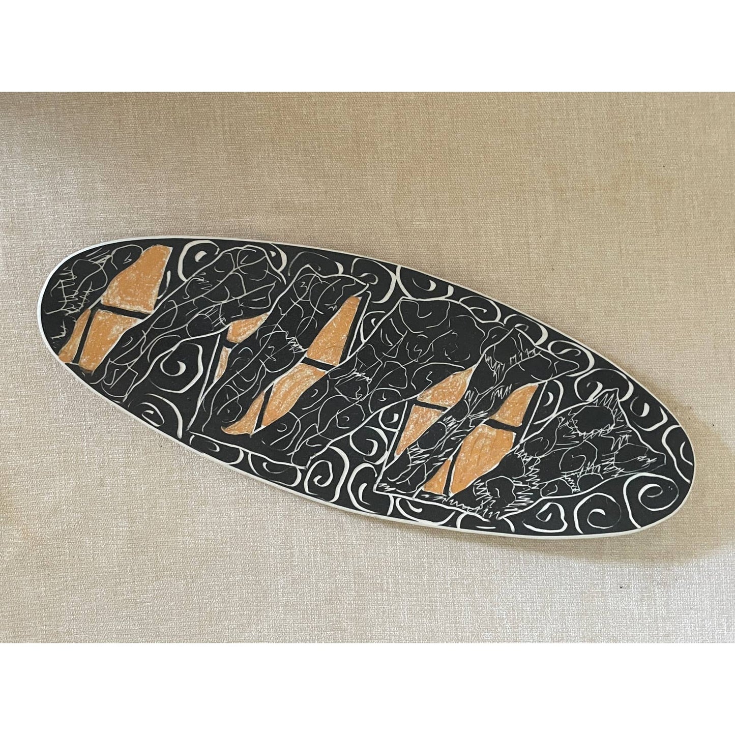 Hand Carved Black Geometric Organic Ceramic Platter