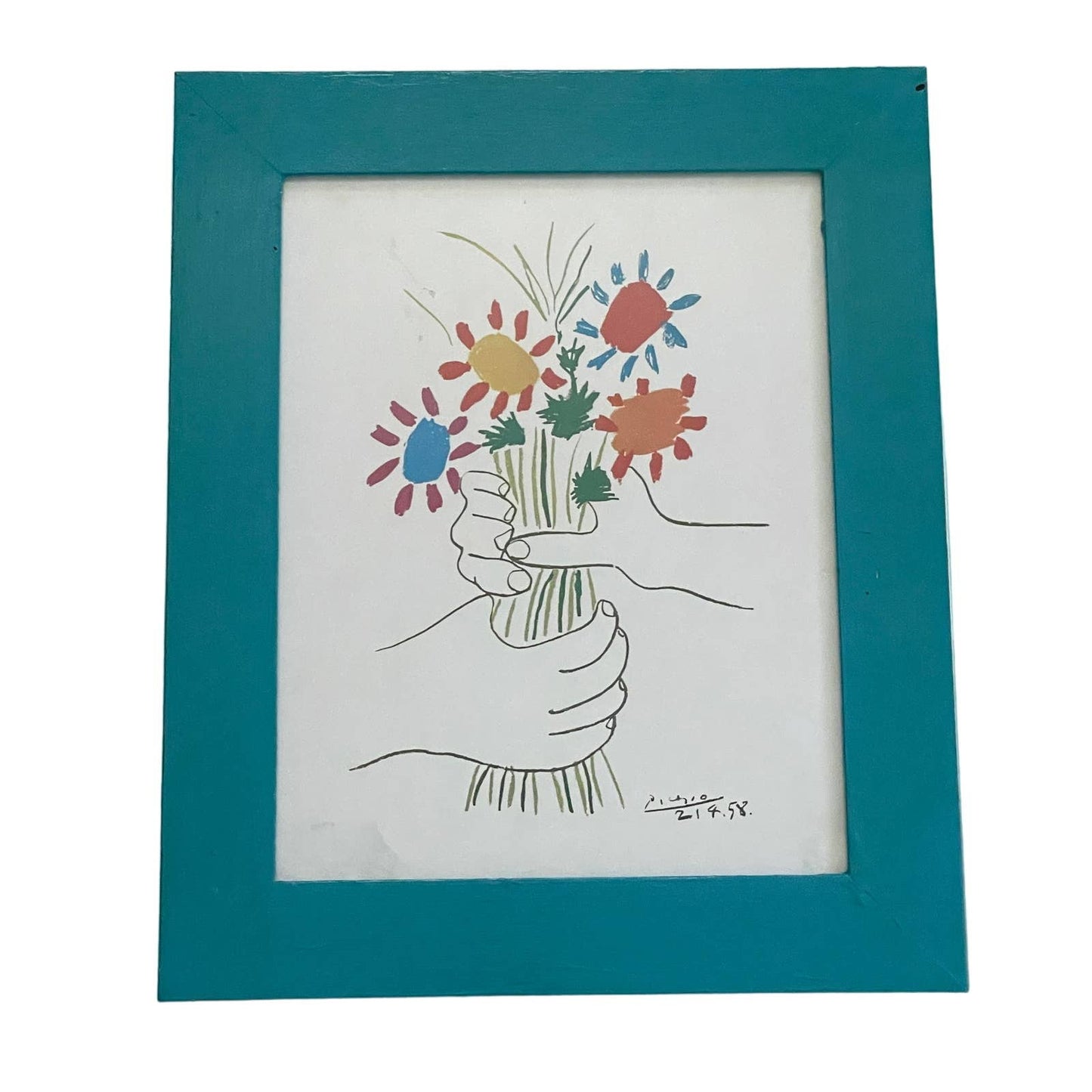 Bouquet of Peace Flowers by Picasso Print in Teal Painted Frame