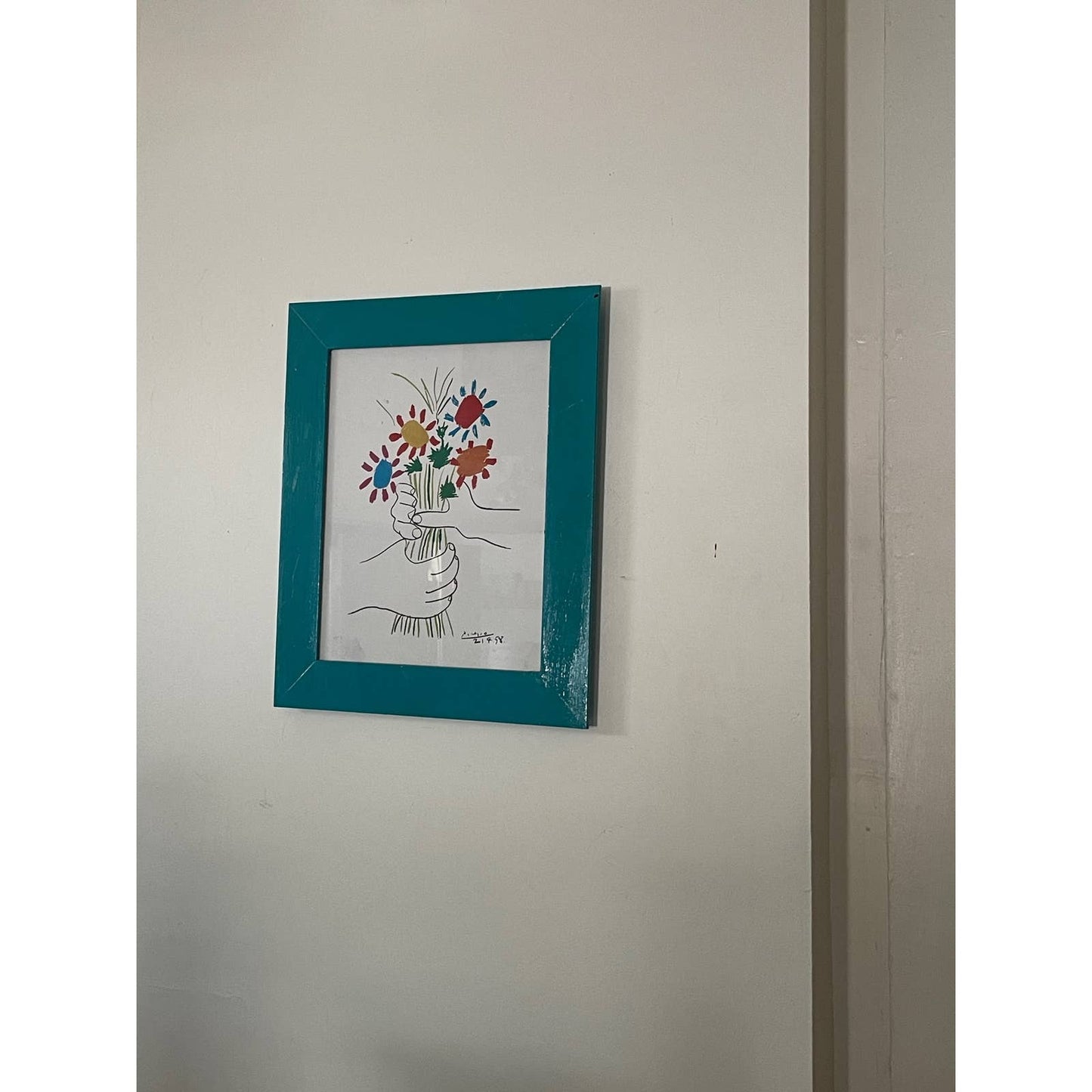 Bouquet of Peace Flowers by Picasso Print in Teal Painted Frame