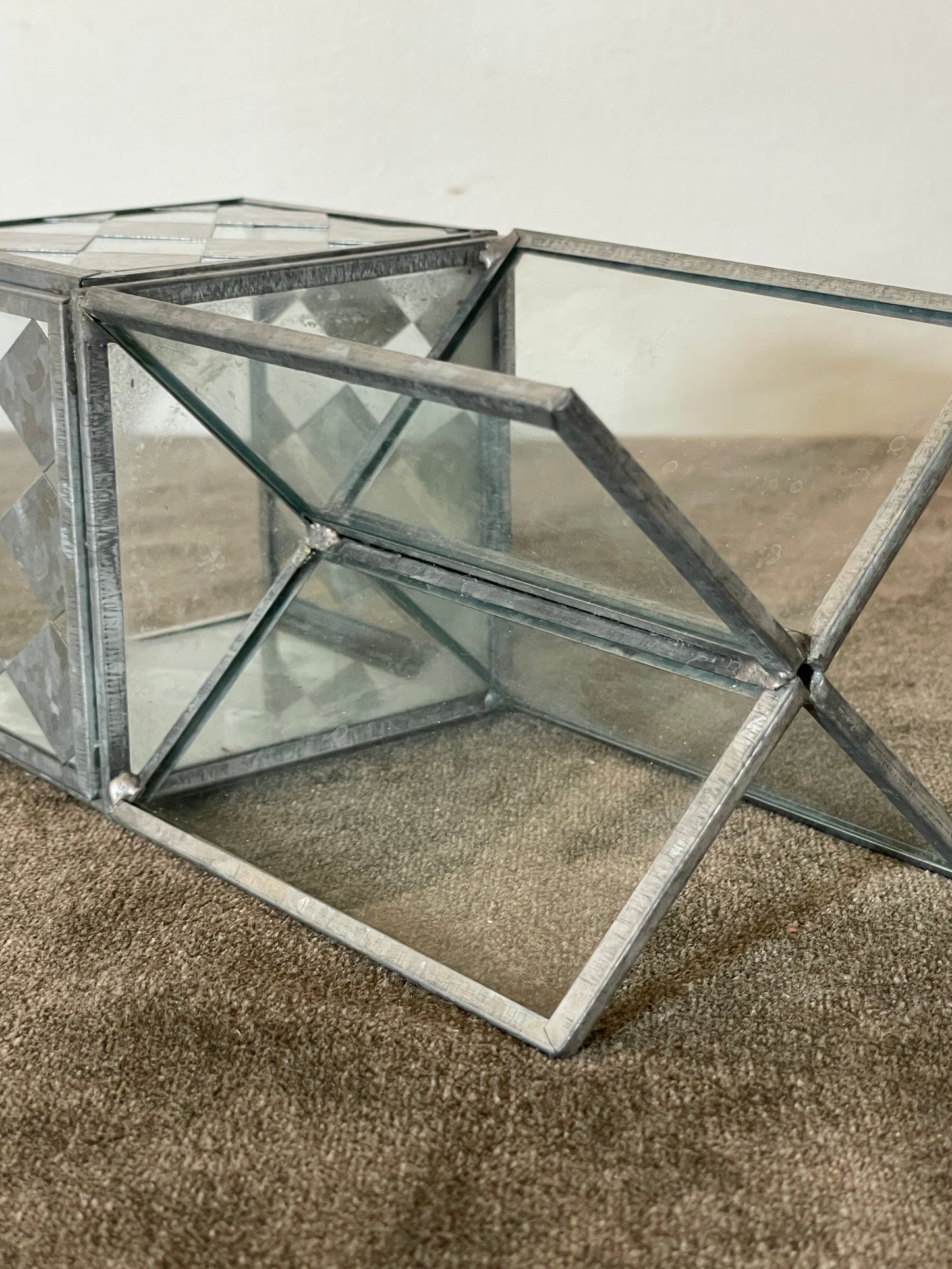 Handcrafted Diamond Metal and Glass Cubed Podiums - Sold as pair