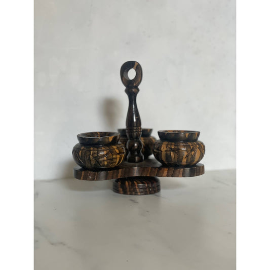 Trio of Zebra Wood Carved Spice Bowls on Lazy Susan Stand