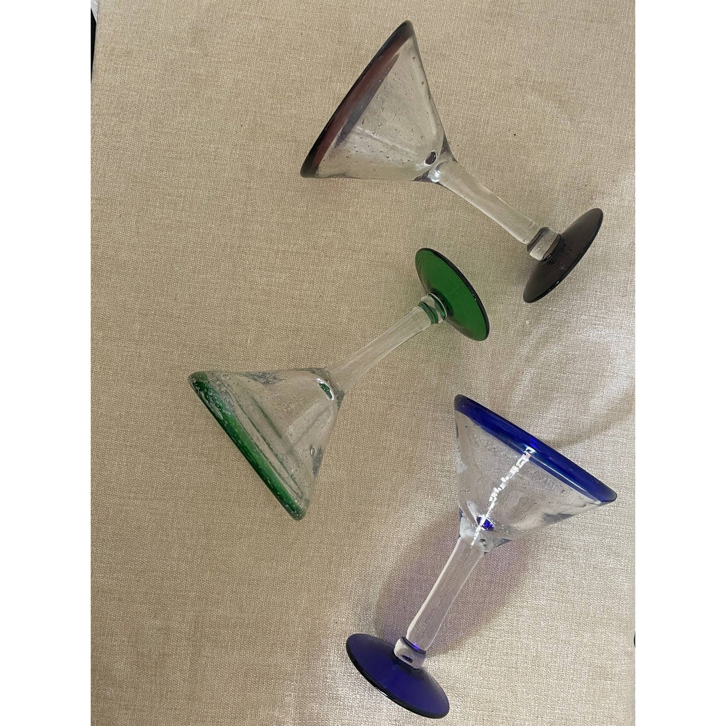 Trio of Glass blown Recycled Glass Margarita Stemware