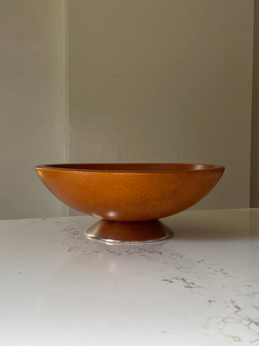 Carved Wood Bowl on Silver Metal Pedestal