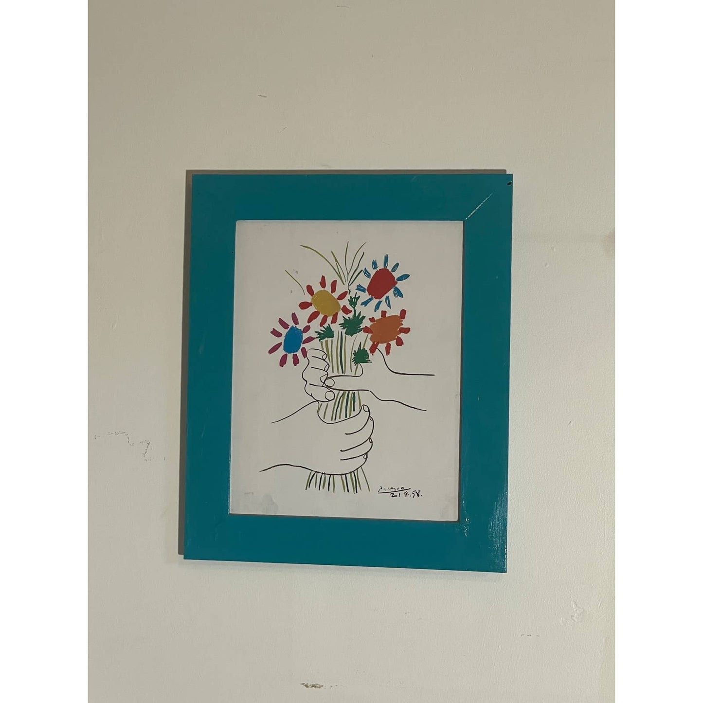 Bouquet of Peace Flowers by Picasso Print in Teal Painted Frame