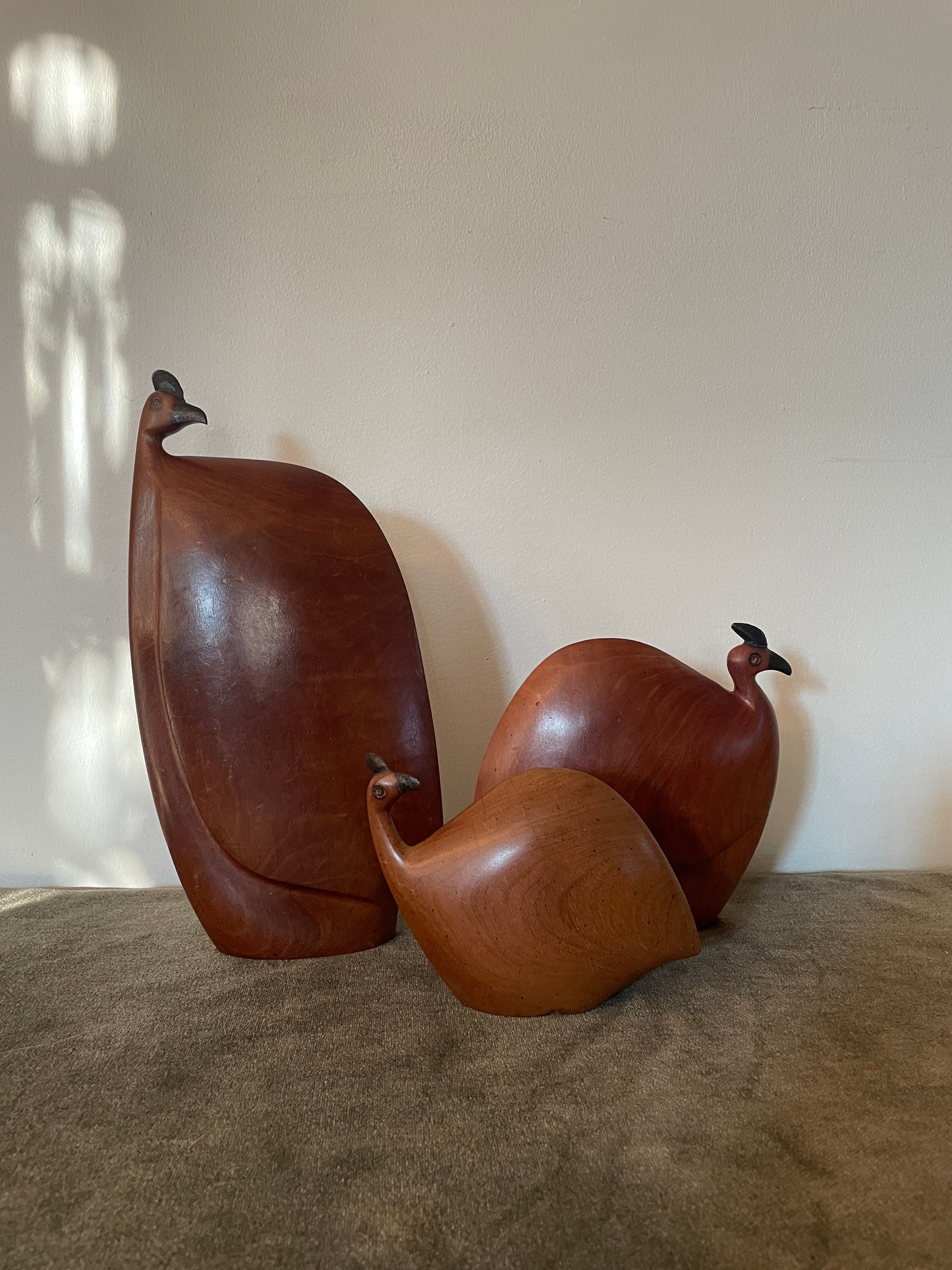 Hand carved Wooden Zimbabwean Guinea Fowl Family Trio