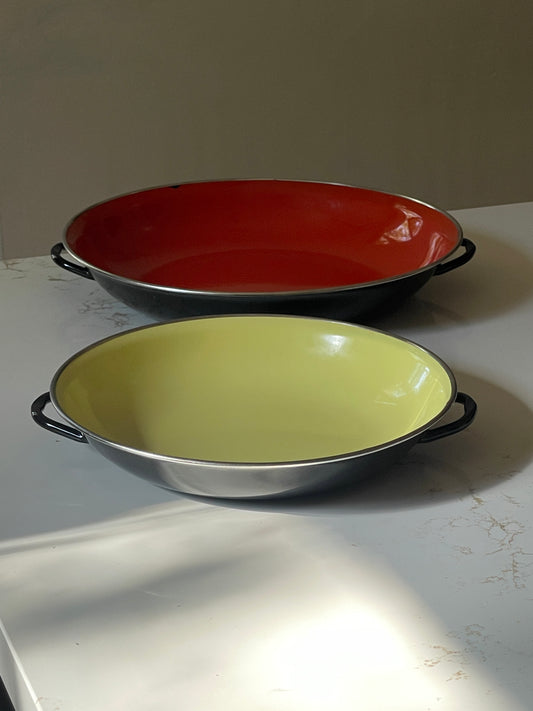 Vintage Midcentury Yugoslavian Red and Yellow Enamel Pans