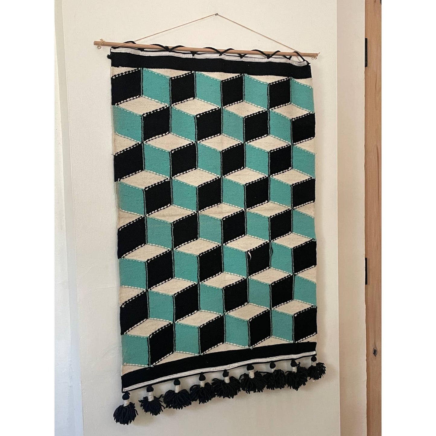 Hand-stitched Geometric Cube Optical Illusion Tapestry