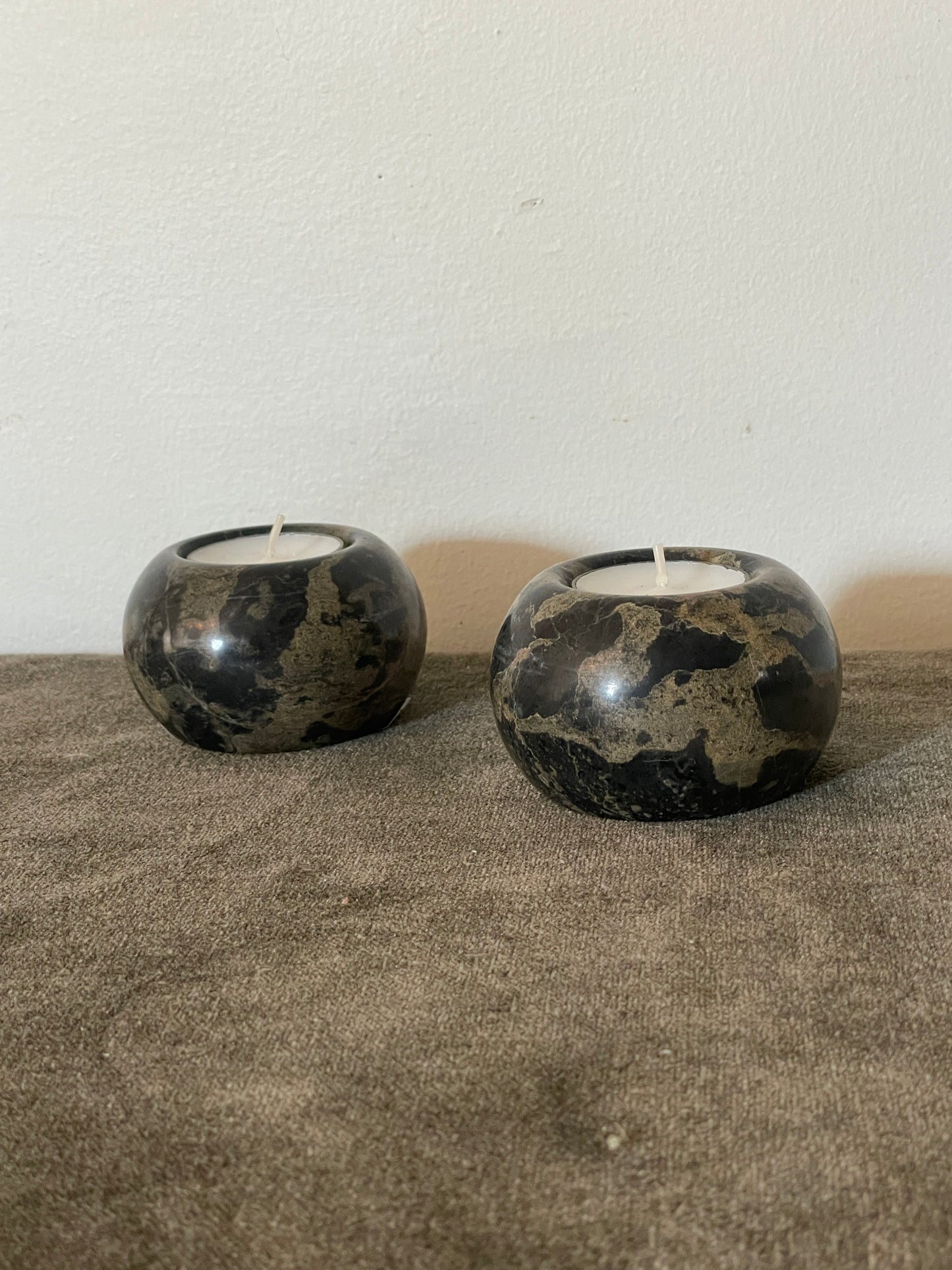 Pair of Black and Taupe Veined Marble Tea Light Candle Holders