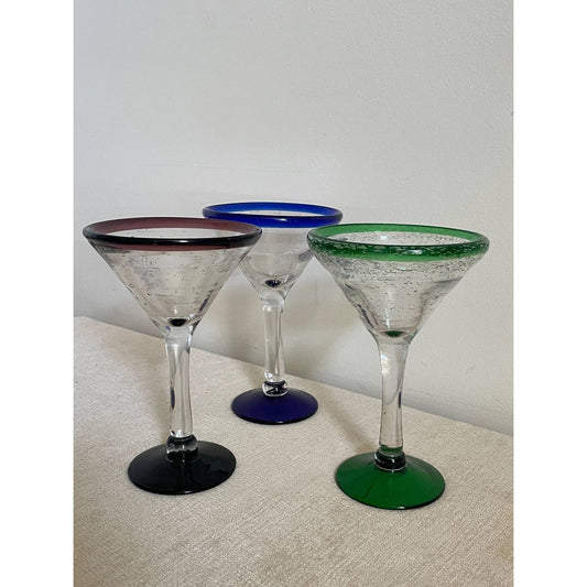 Trio of Glass blown Recycled Glass Margarita Stemware