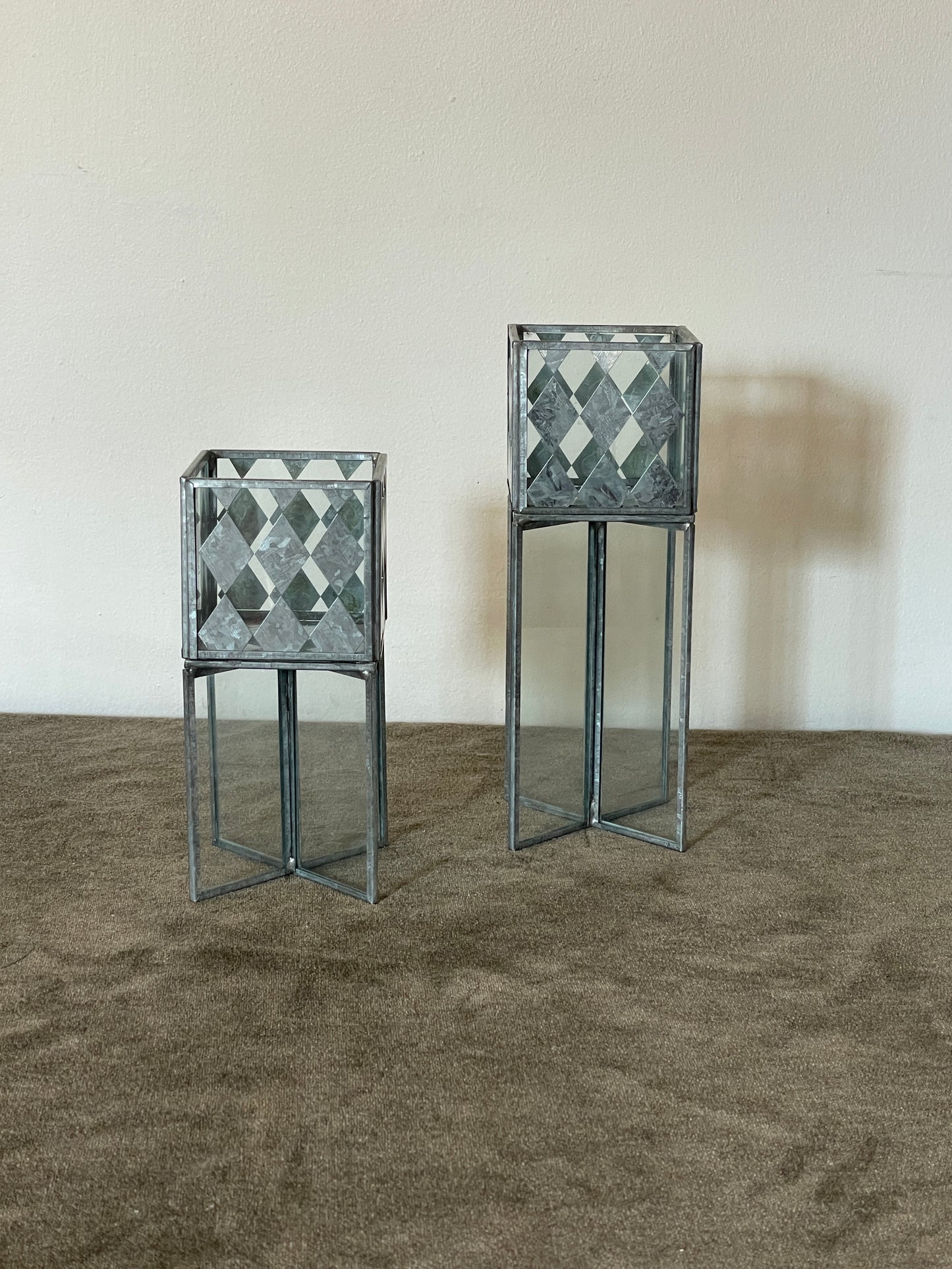 Handcrafted Diamond Metal and Glass Cubed Podiums - Sold as pair