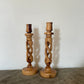 Carved Olive Wood Twisted Candlestick Holder - Sold as a pair of 2