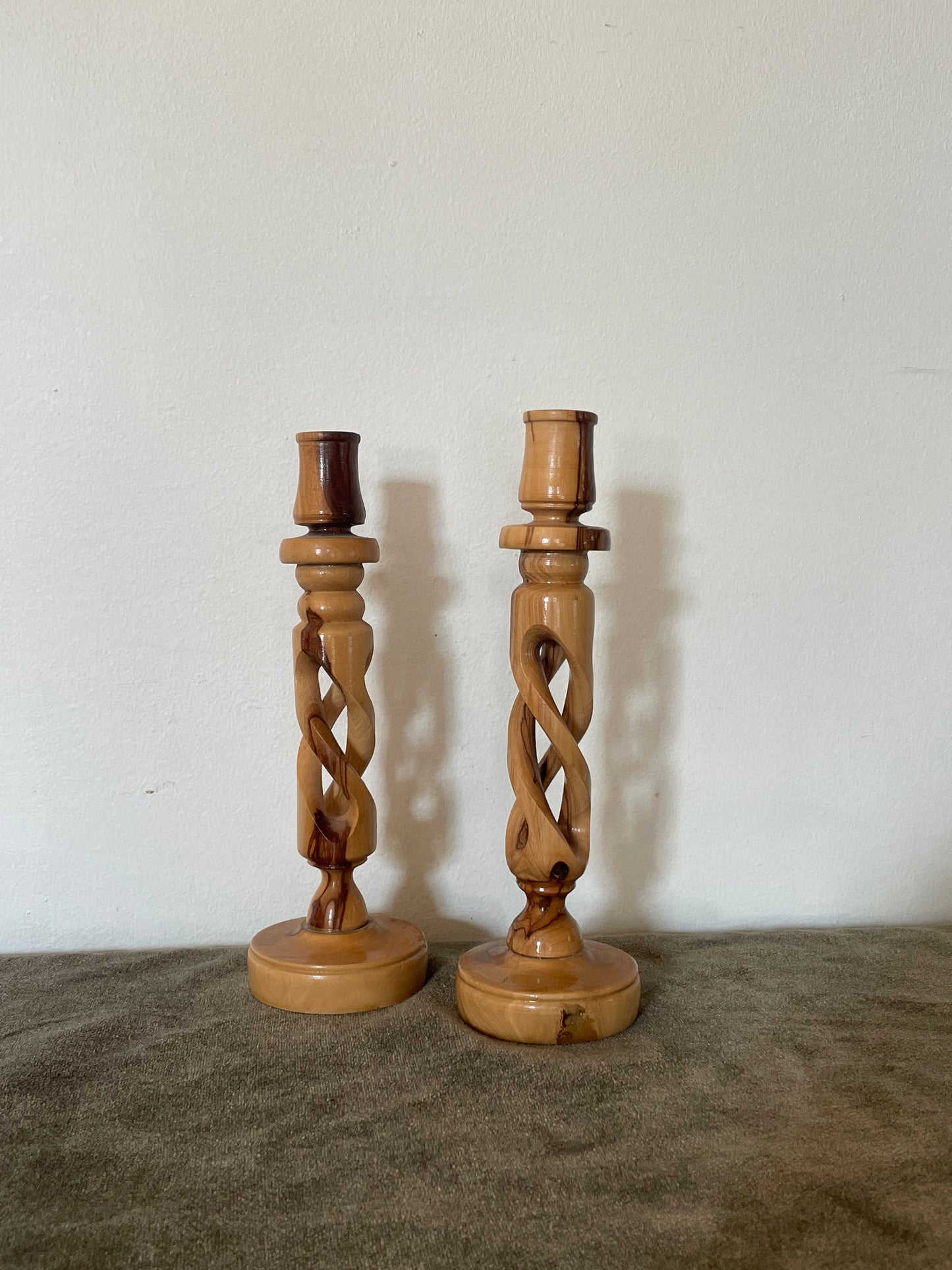 Carved Olive Wood Twisted Candlestick Holder - Sold as a pair of 2