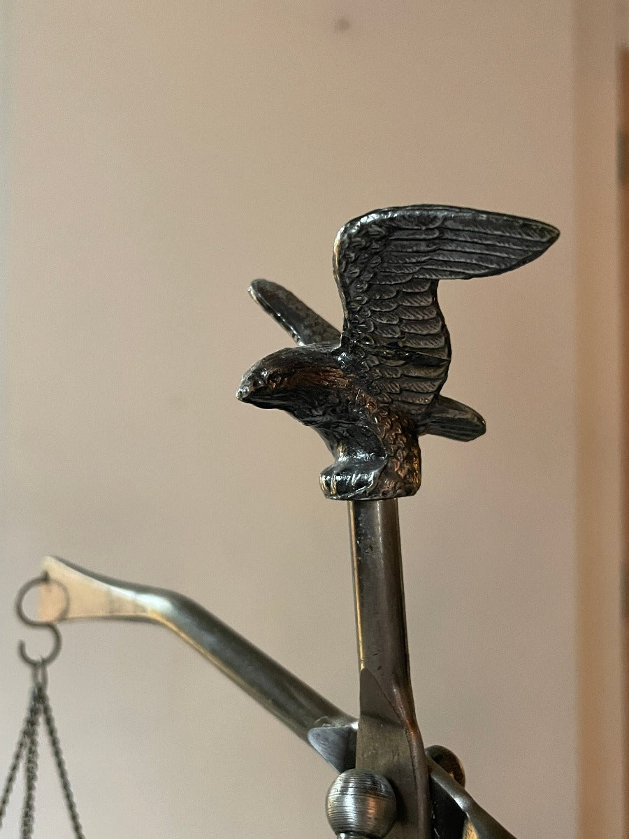 Vintage Wood & Metal Functioning Libra Scale of Justice with Eagle Finial