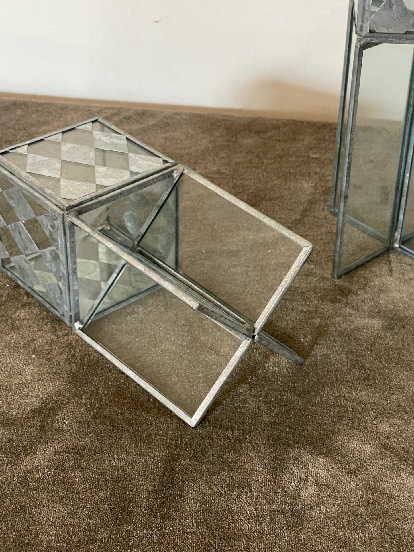 Handcrafted Diamond Metal and Glass Cubed Podiums - Sold as pair