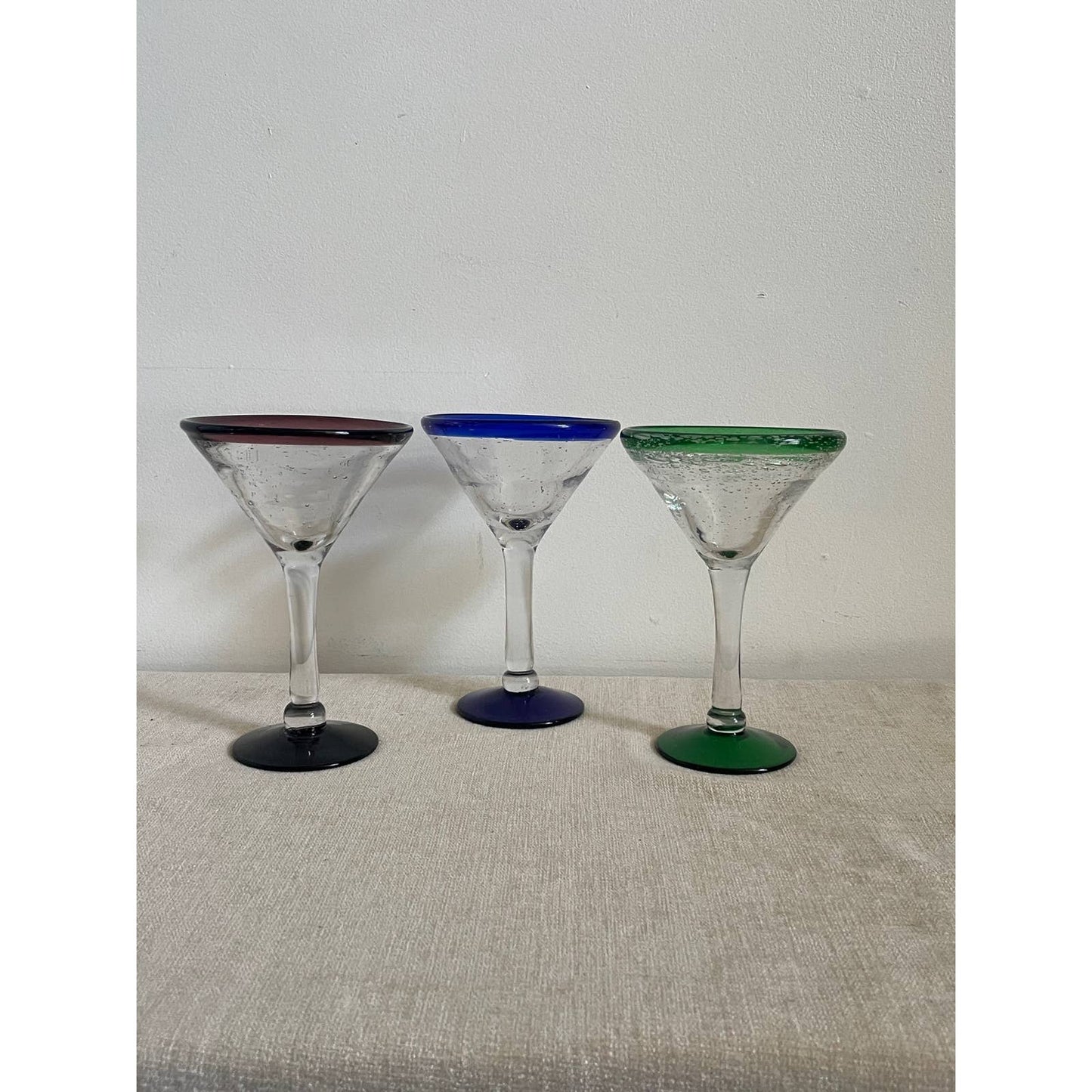 Trio of Glass blown Recycled Glass Margarita Stemware