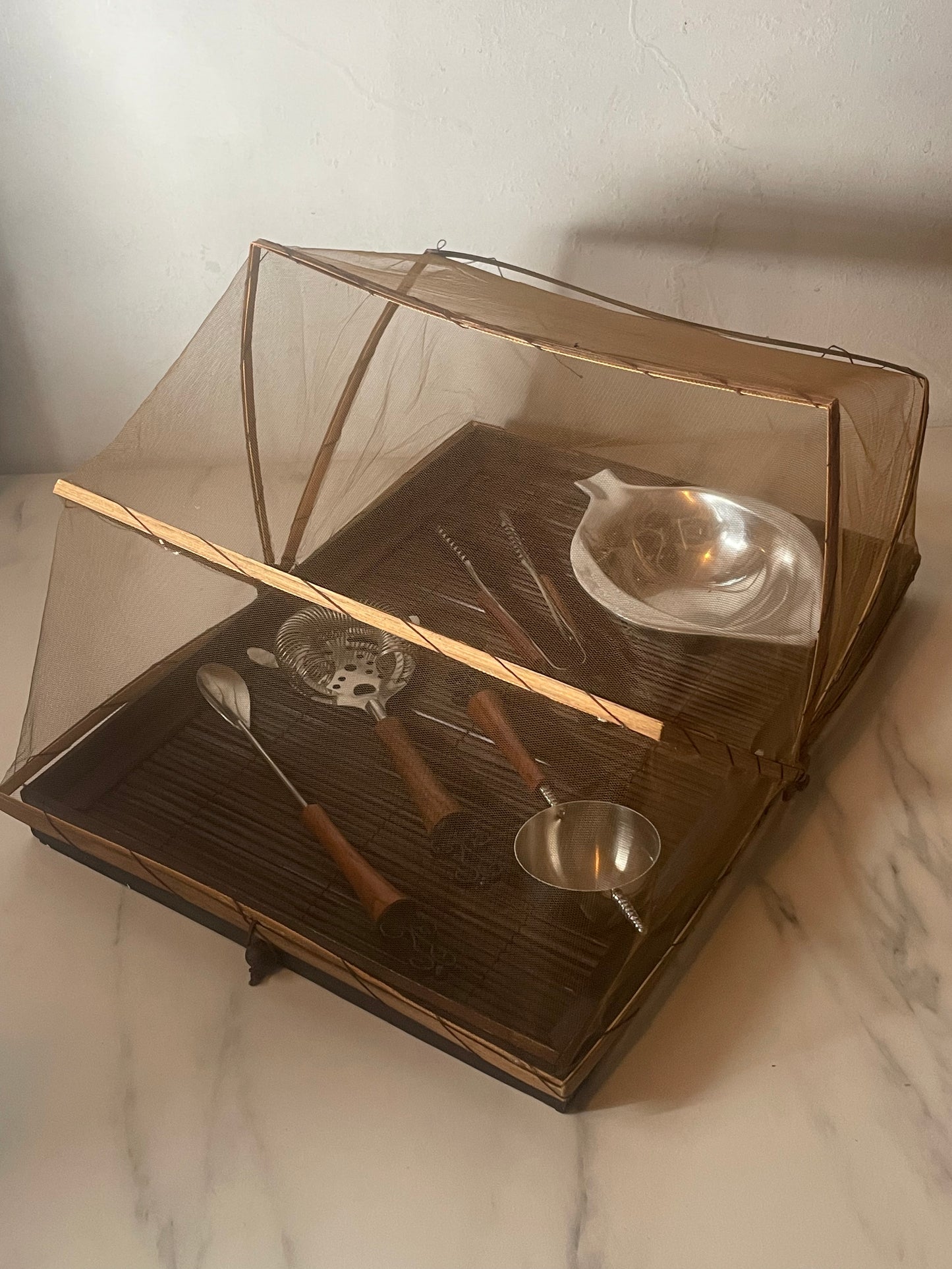 Folding Sheer Canopy Vintage Tray with Steel Tongs, Strainer,  Measuring cup, Skewer, Tongs and Mixing Spoon