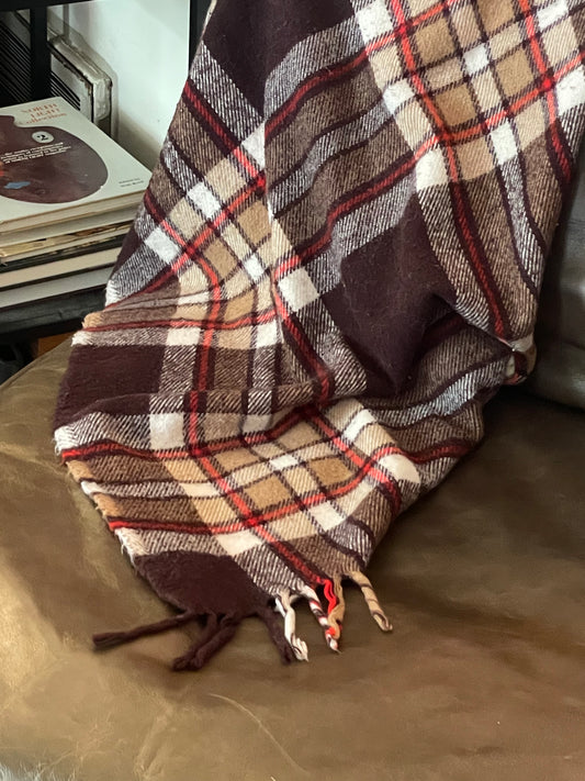 Larger Vintage Faribo Wool Brown & Red Plaid Blanket - Made in USA