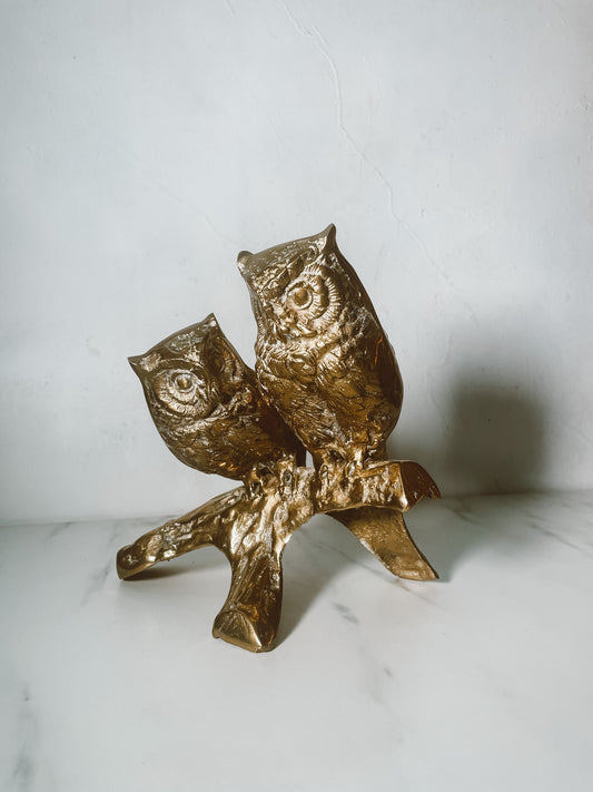 Vintage Pair of Brass Owls on Branch