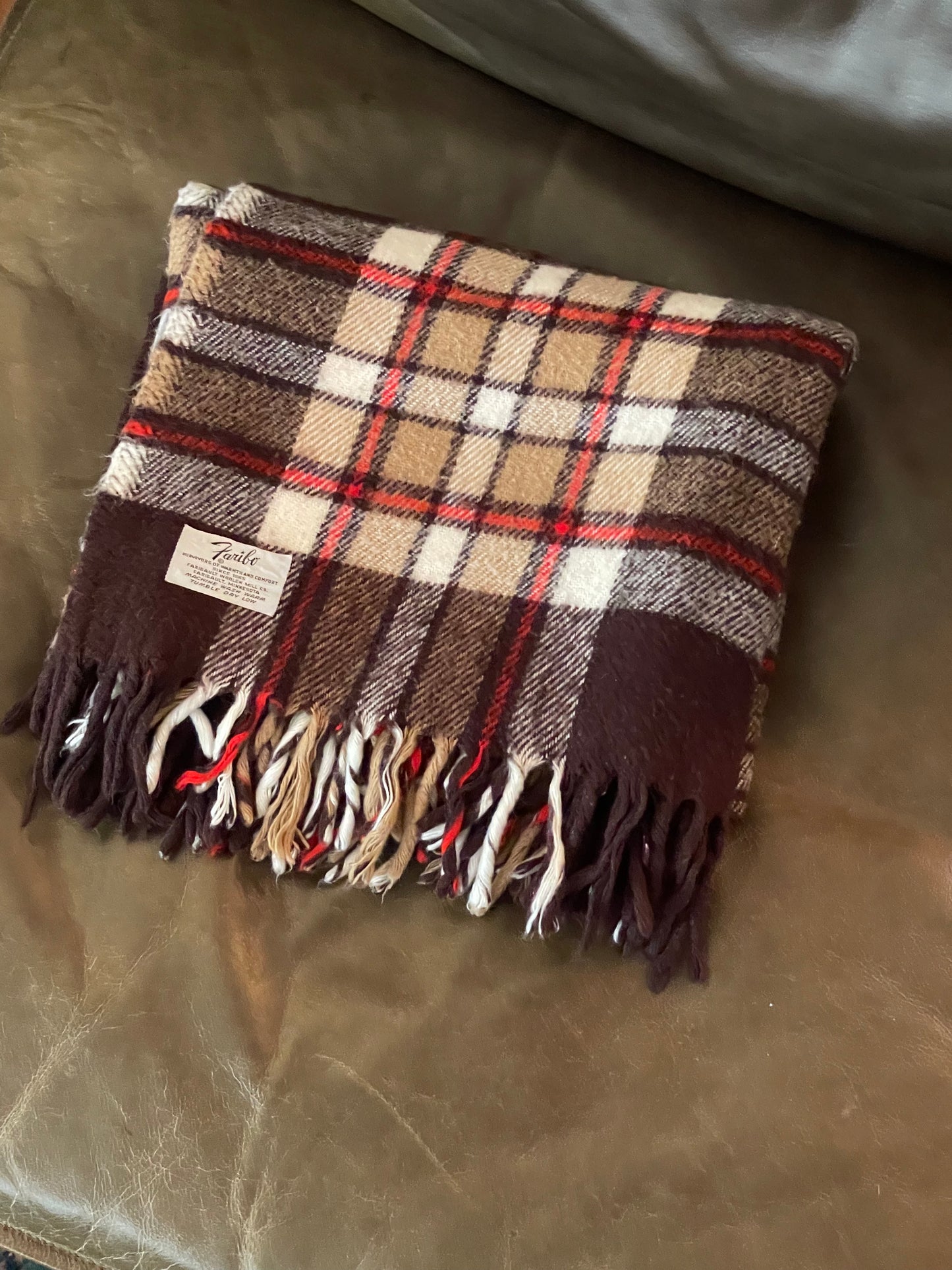 Larger Vintage Faribo Wool Brown & Red Plaid Blanket - Made in USA