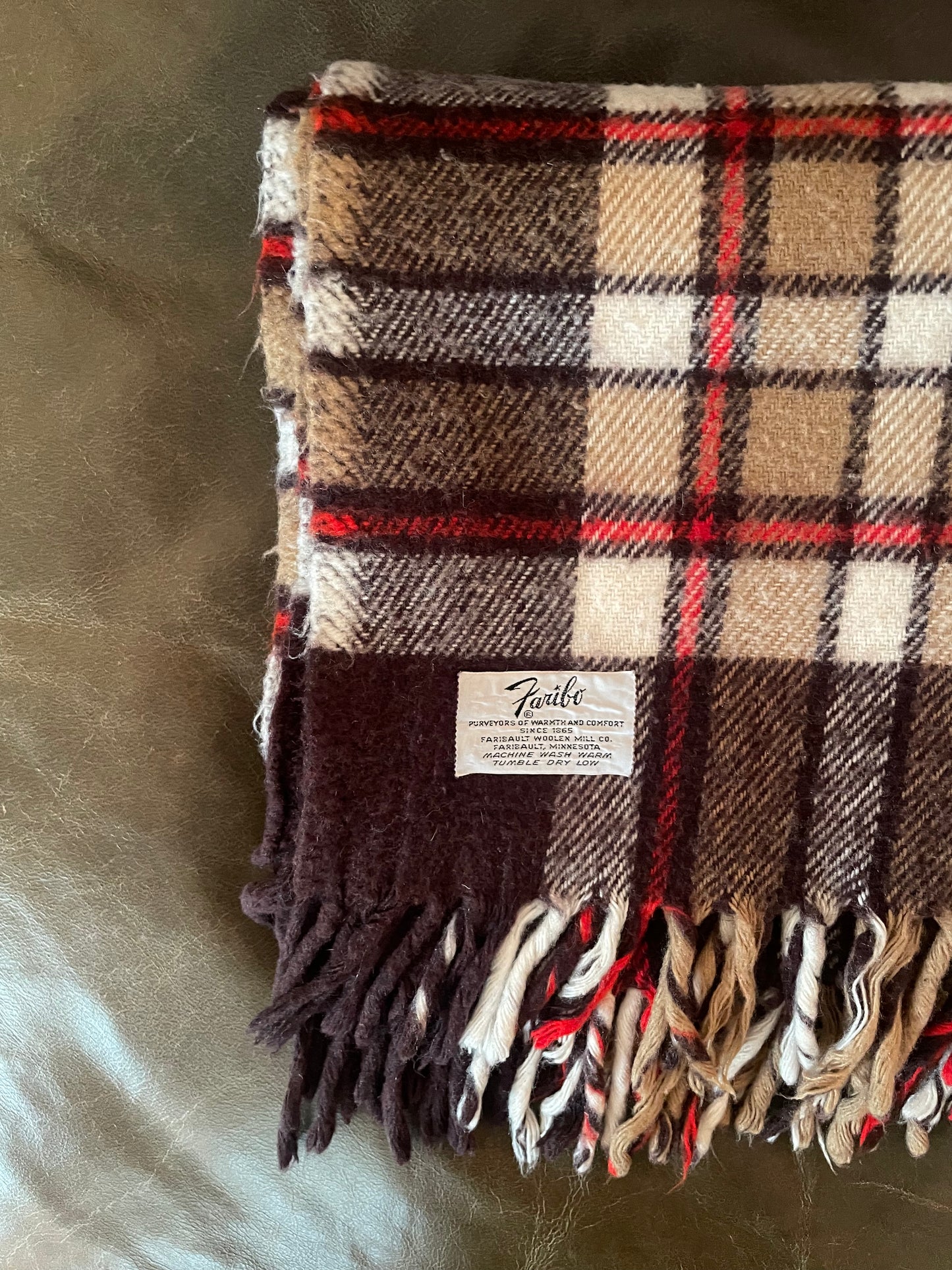 Larger Vintage Faribo Wool Brown & Red Plaid Blanket - Made in USA