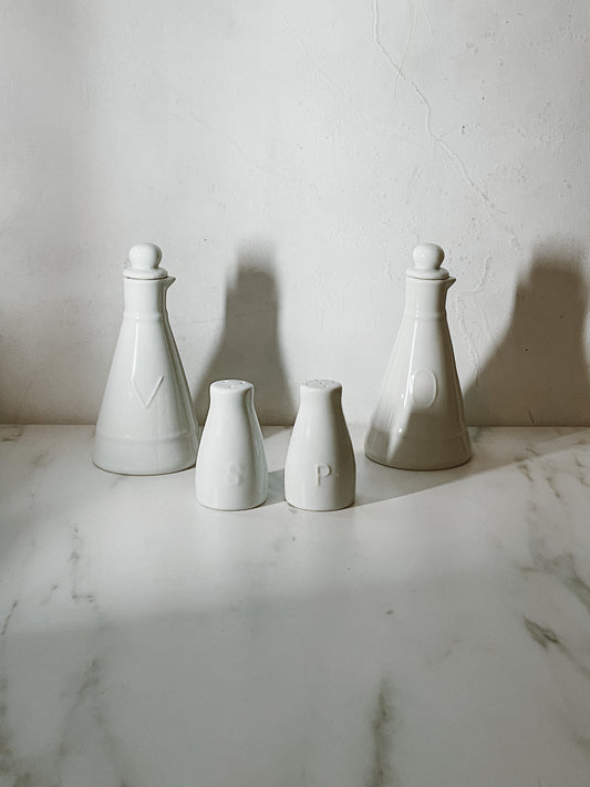 Porcelain Cruet set of olive oil, vinegar, salt and pepper shakers- sold as set