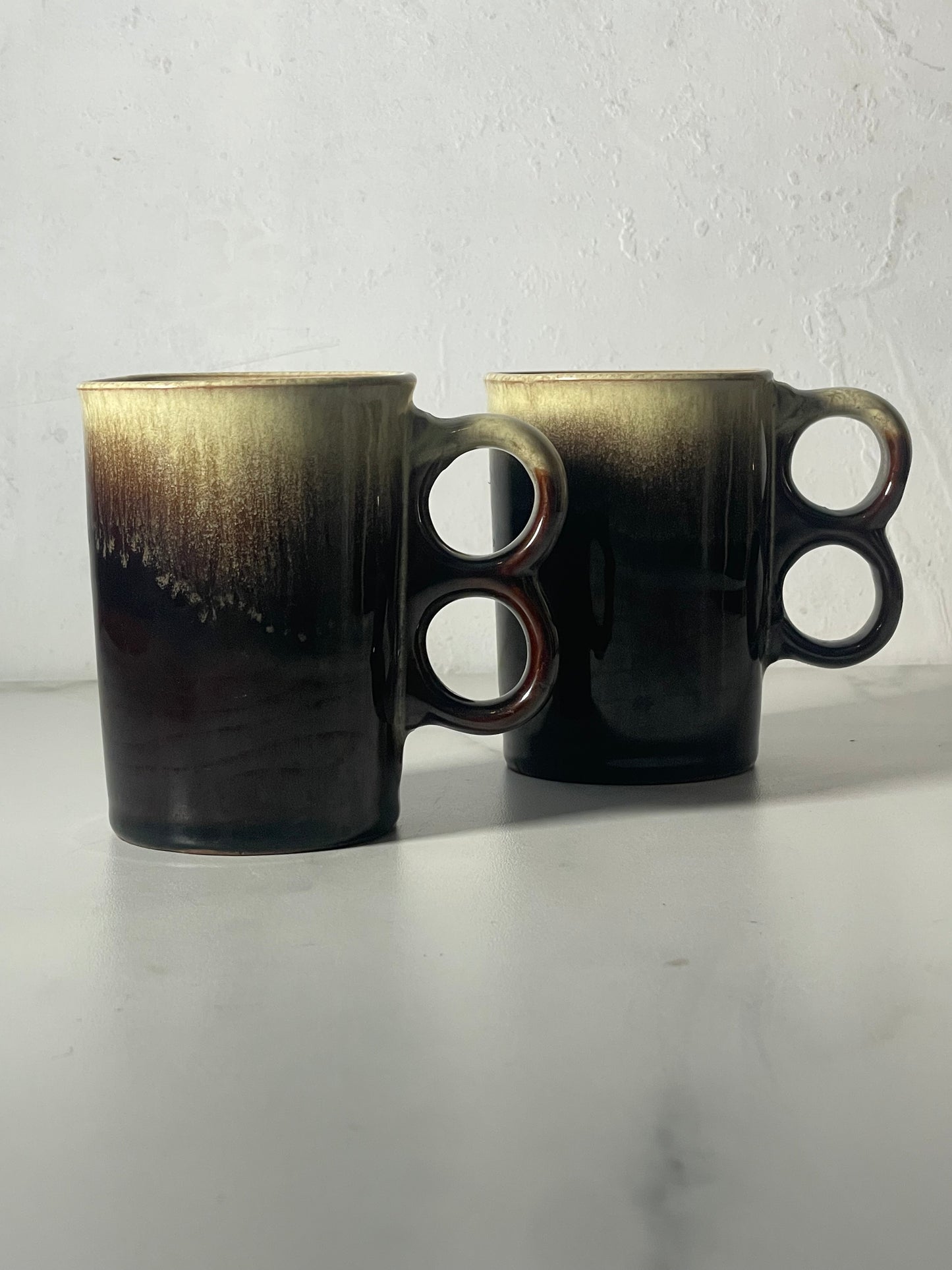 Green and Brown Stoneware Mugs with Double Handles - Set of 2