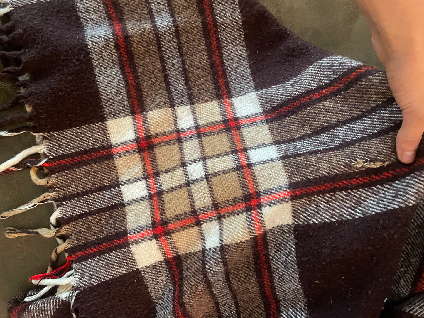 Larger Vintage Faribo Wool Brown & Red Plaid Blanket - Made in USA