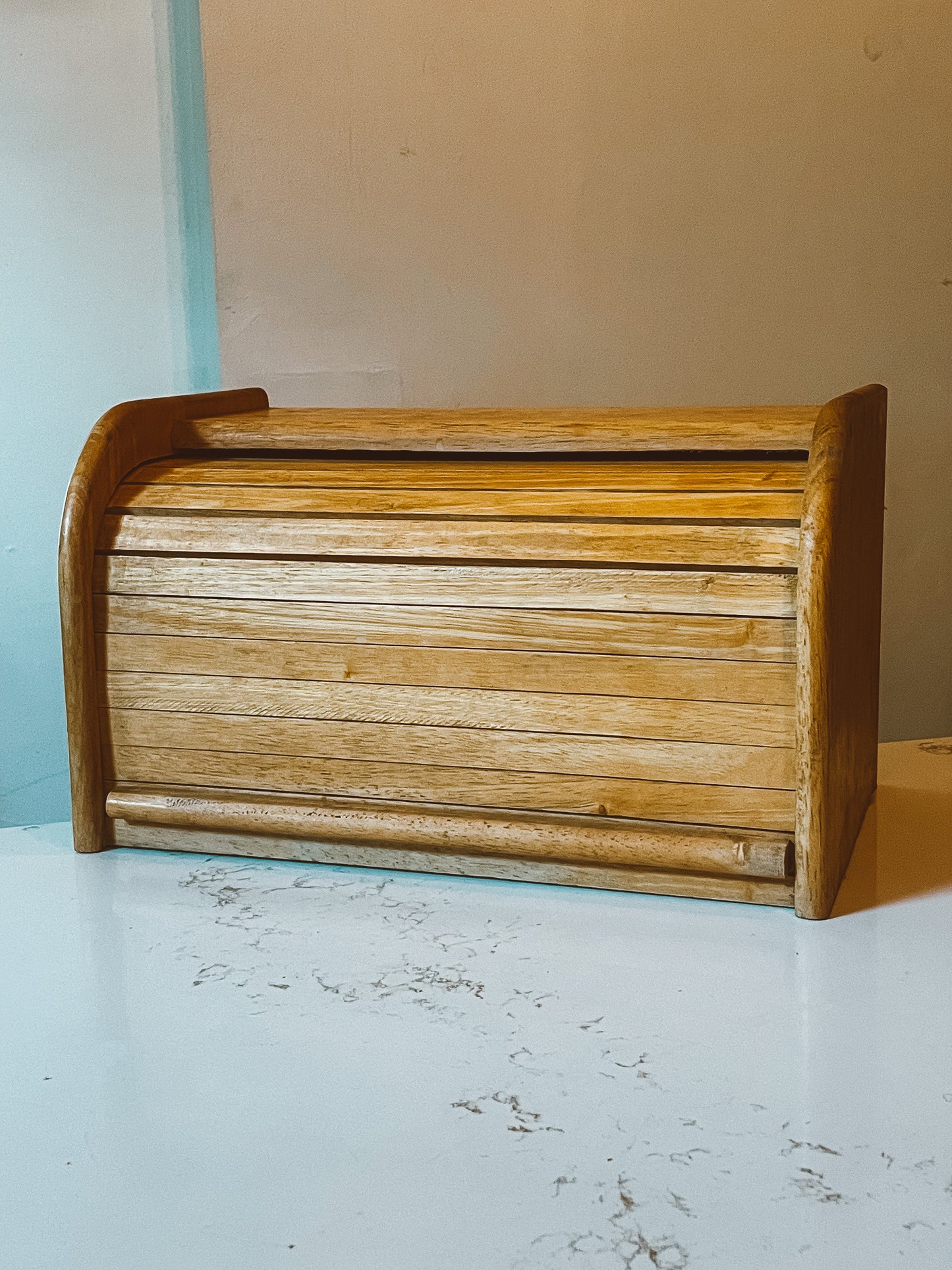 Vintage Blonde Wood Roll Top Bread Box