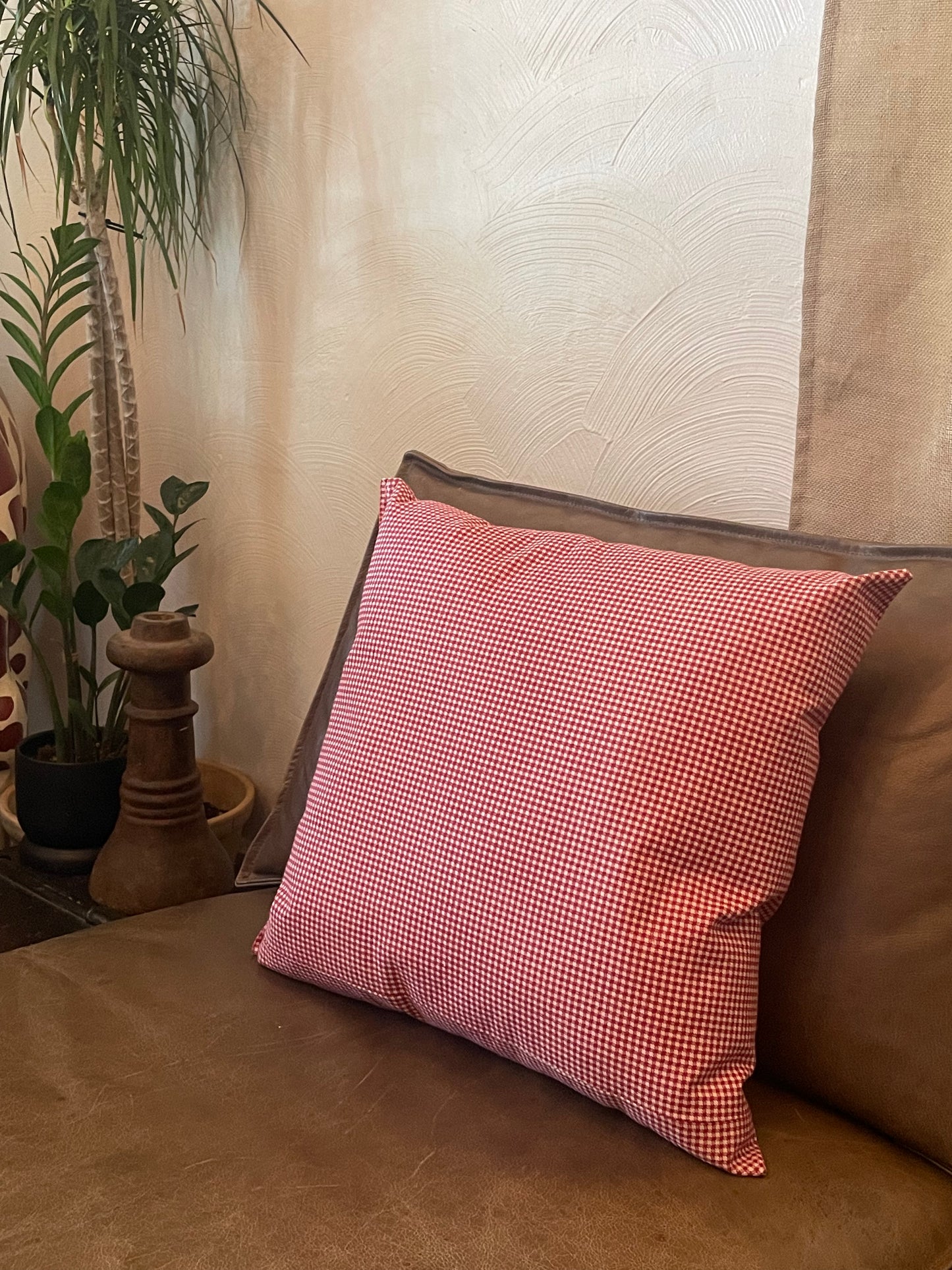 French Check Red and White Handsewn Accent Pillow