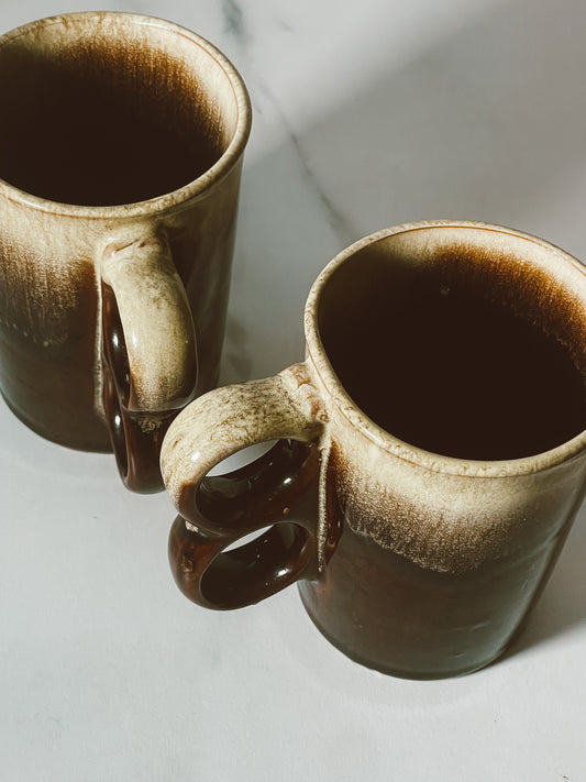 Green and Brown Stoneware Mugs with Double Handles - Set of 2