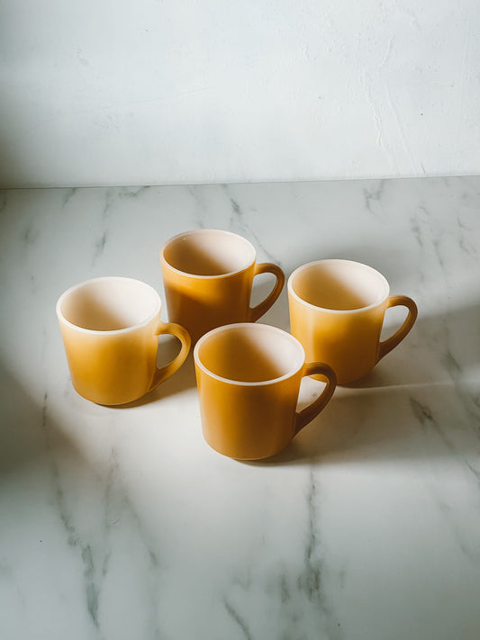 Mustard Yellow Anchor Hocking Oven-Proof Milk Glass Mugs - Set of 4