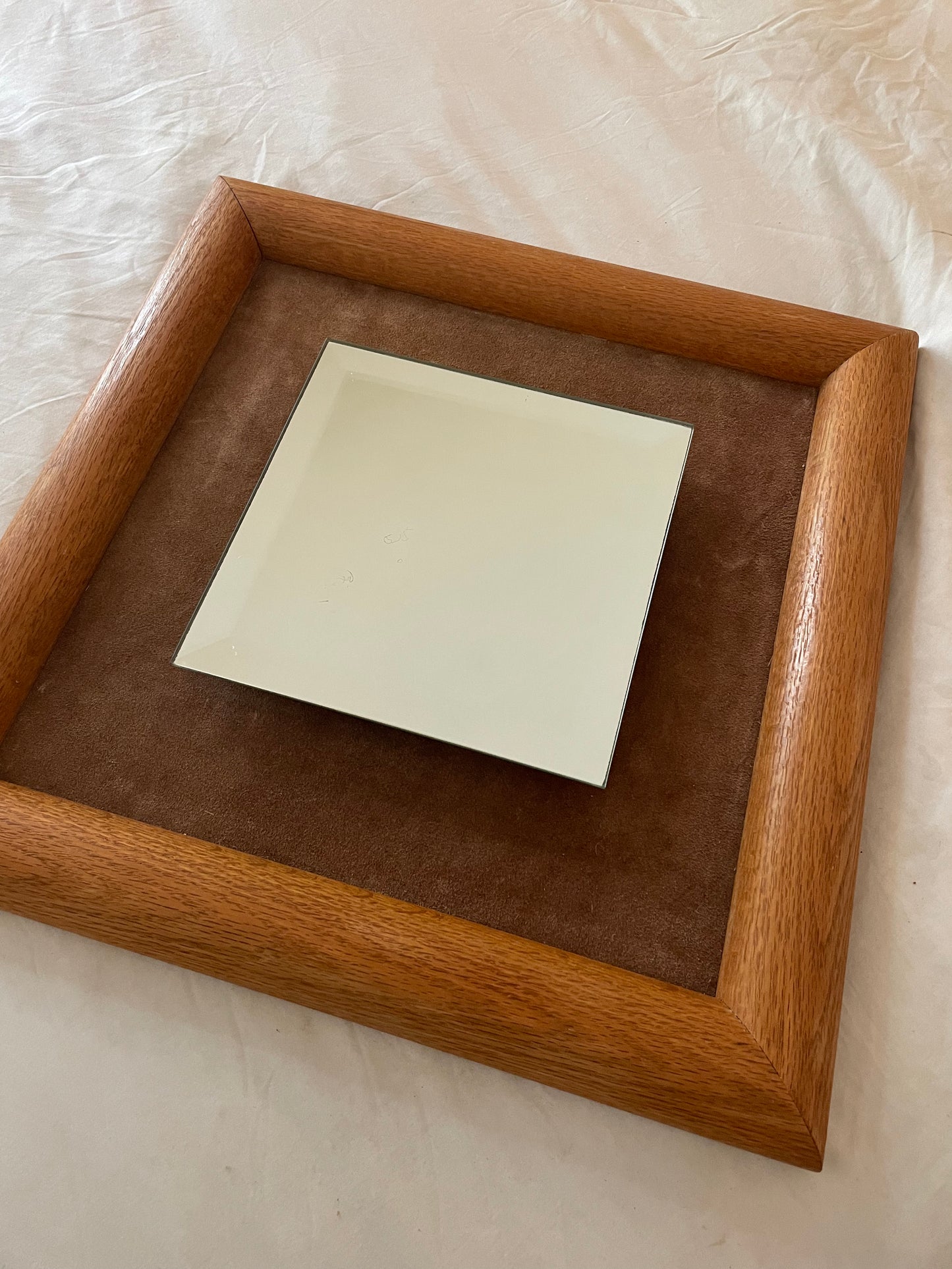 70’s Suede & Oak Framed Raised Mirror