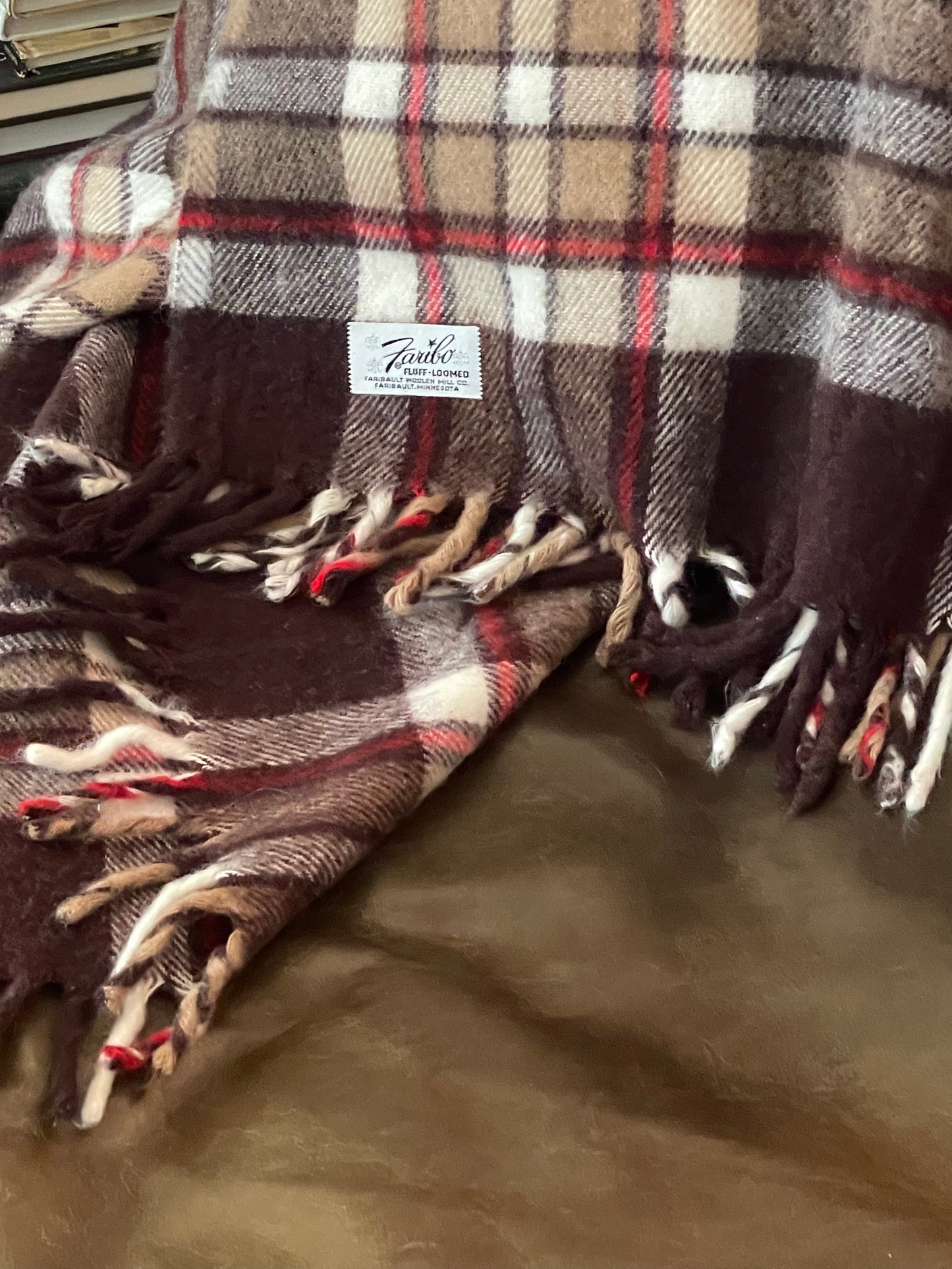 Smaller Vintage Faribo Brown Plaid Blanket - Made in USA