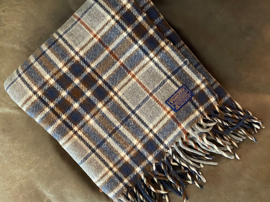 Vintage Pendleton Blue & Brown Plaid Wool Blanket