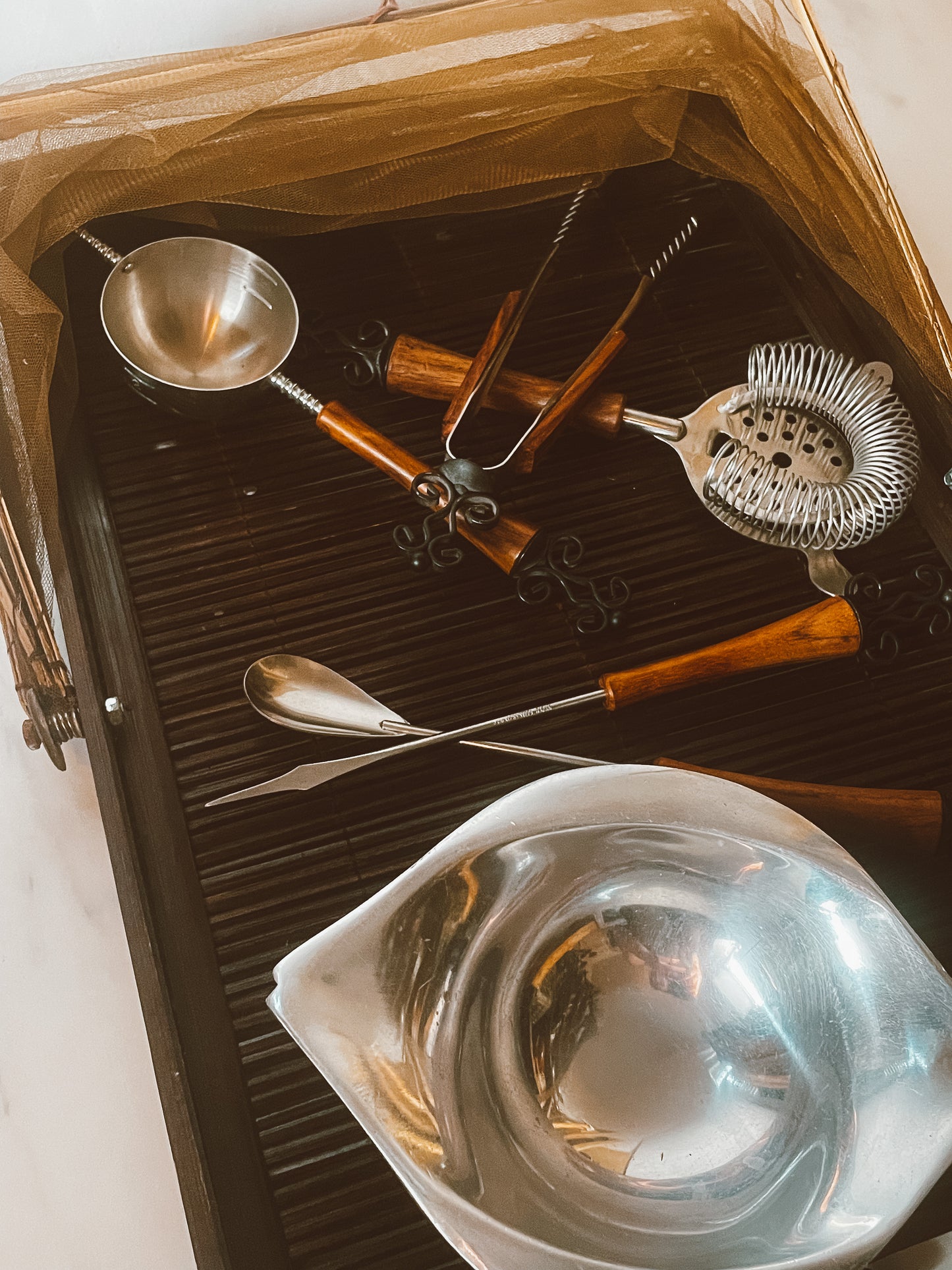 Folding Sheer Canopy Vintage Tray with Steel Tongs, Strainer,  Measuring cup, Skewer, Tongs and Mixing Spoon