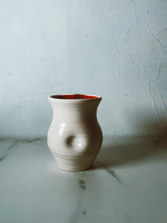 Cream Dimpled Vase with Red Interior Glaze