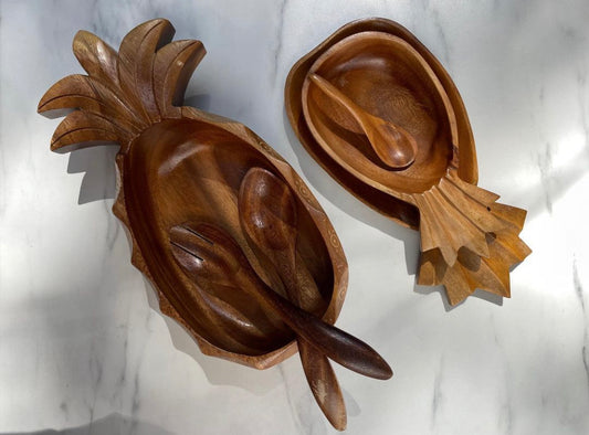 1970s Carved Monkypod Pineapple Salad Serving Set