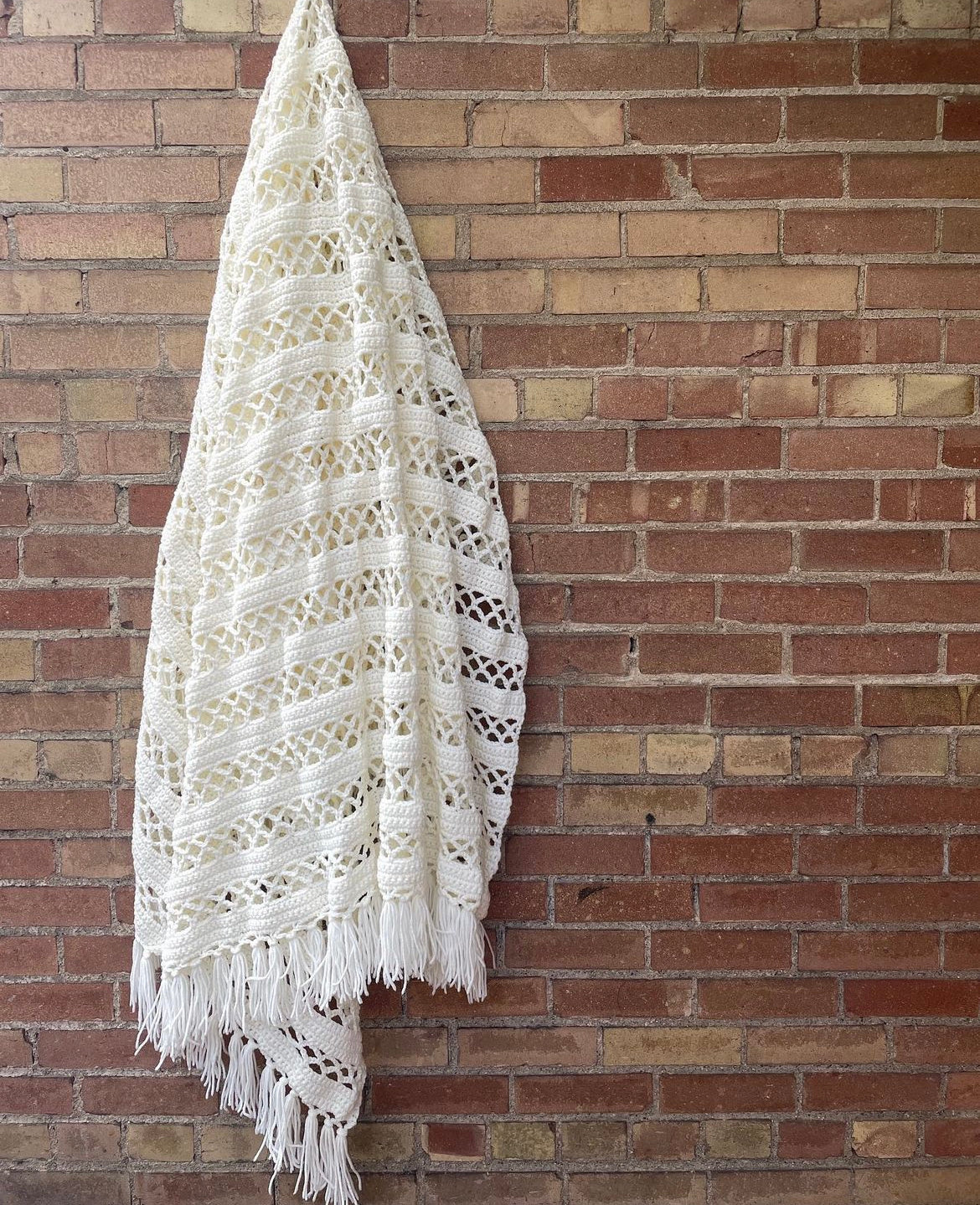 Hand Knit White Blanket with Tassle Knot Ends