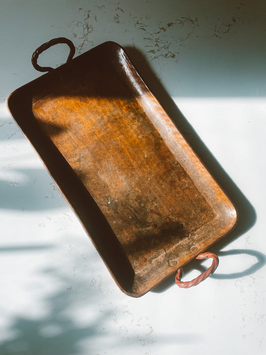 Handcrafted and Hammered Copper Tray with Twisted Rod Handles