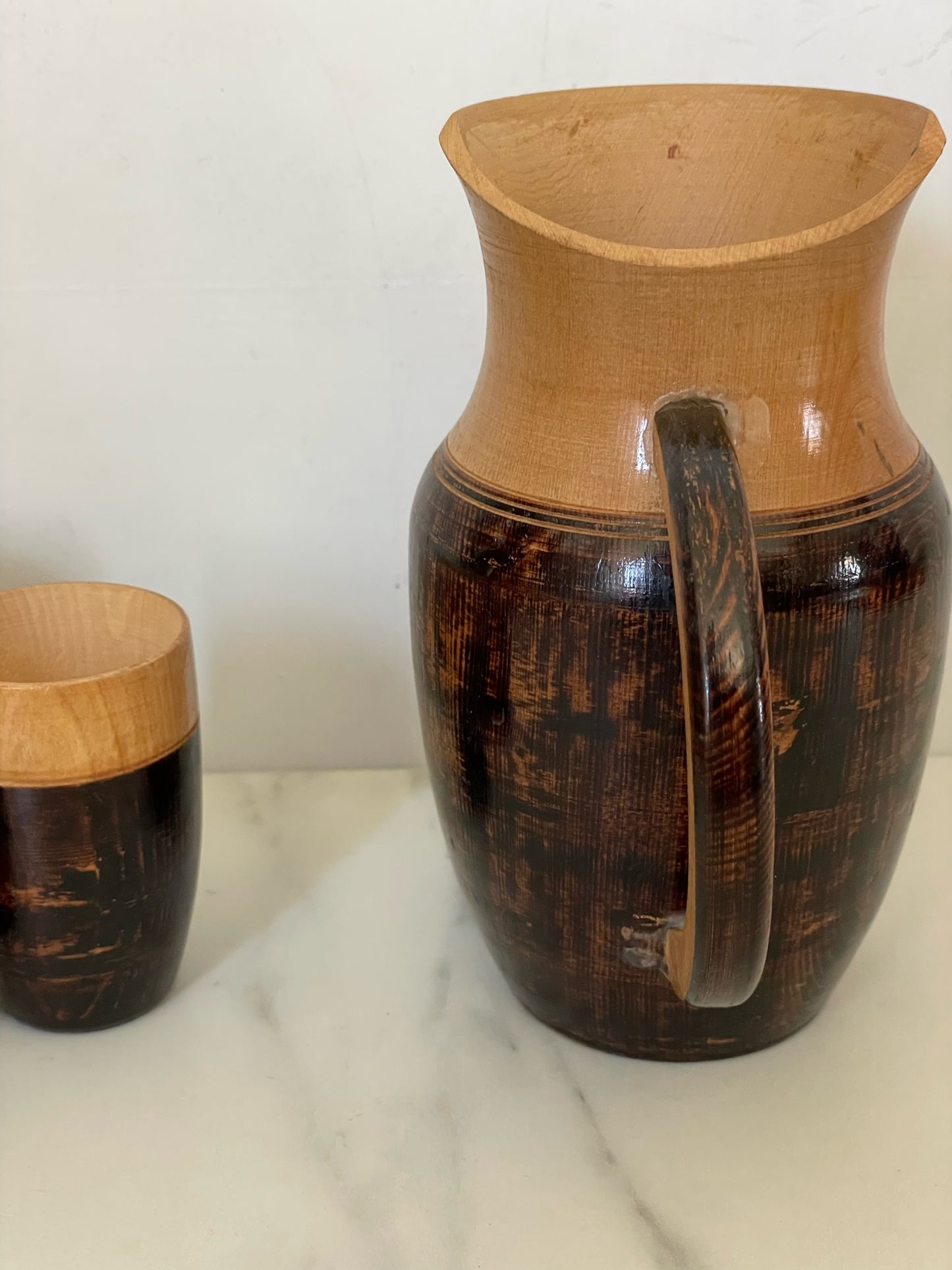 Wood-Carved Chilean Pisco Pitcher and 6 Shot Glasses