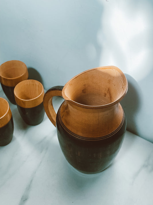 Wood-Carved Chilean Pisco Pitcher and 6 Shot Glasses