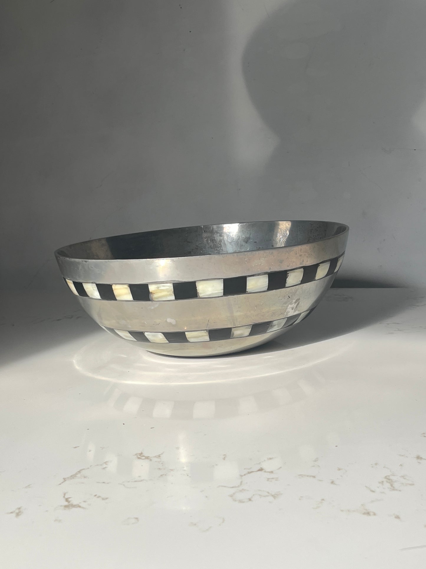 Painted Opalescent Mother of Pearl and Black Checkered Cast Aluminum Bowl