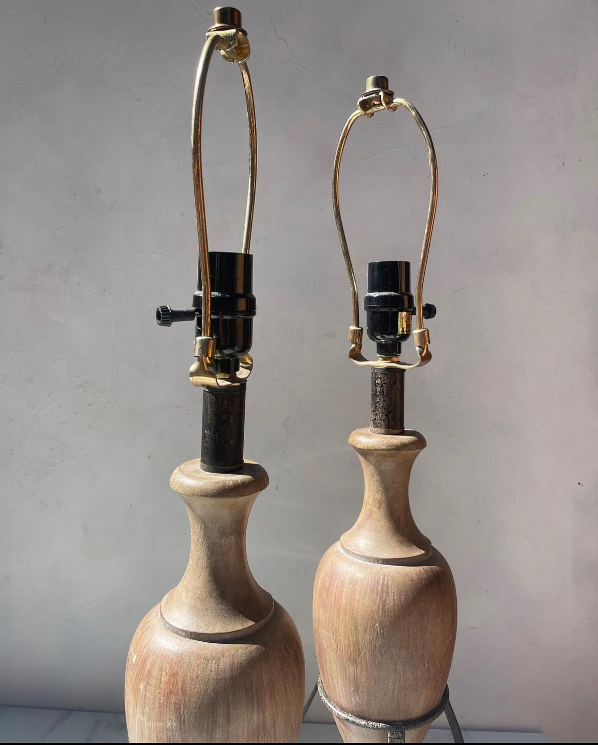 Pair of Urn Style Faux Wood and Metal Lamps