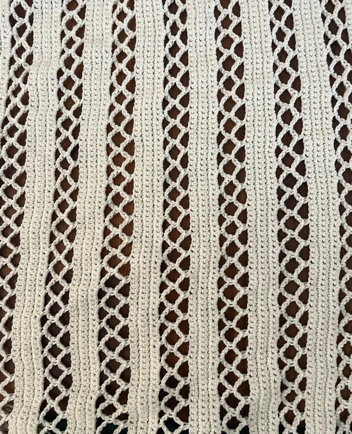 Hand Knit White Blanket with Tassle Knot Ends