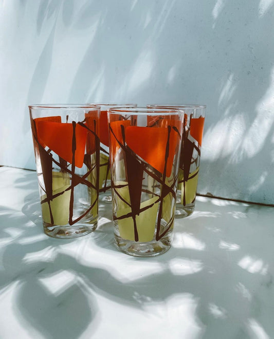 Vintage Midcentury Modern Angular Orange and Green Glasses set of 4