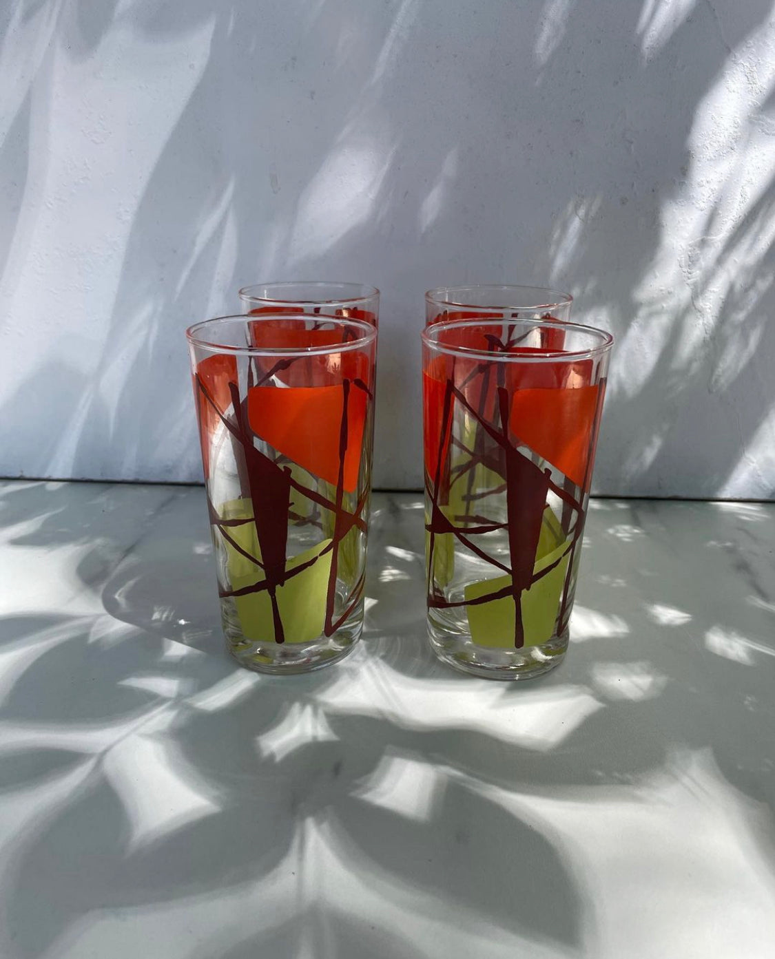 Vintage Midcentury Modern Angular Orange and Green Glasses set of 4