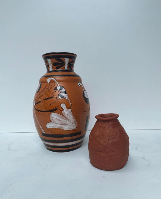 Terracotta Italian Painted Egyptian Scene Pot and Packed Clay Terracotta Mini Vase